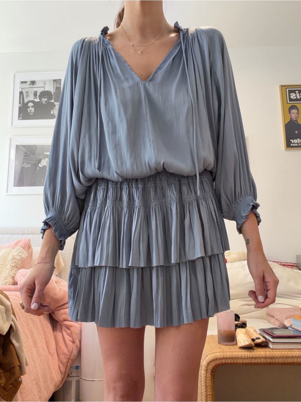 Sage Blue Tiered V-Neck Mini Dress with Long Blouson Sleeves